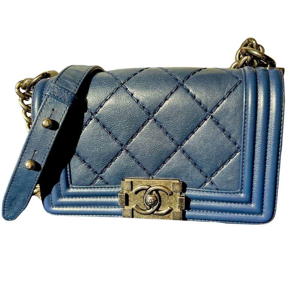 Chanel Calfskin Double Stitch Small Boy Flap Navy Blue
